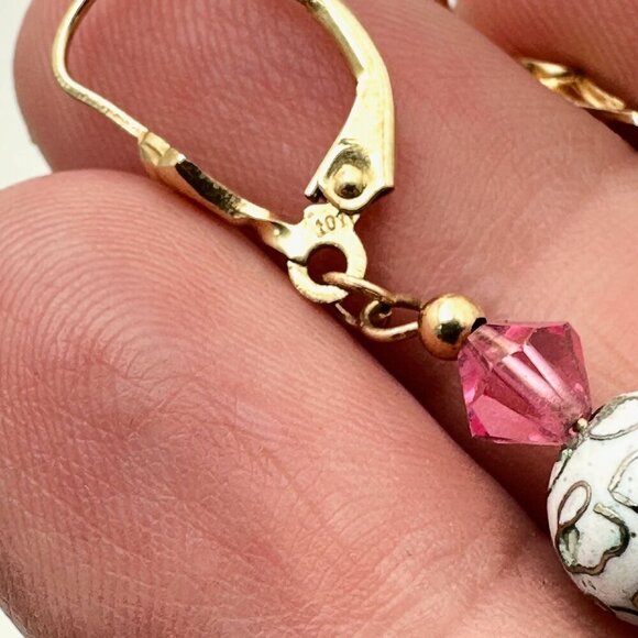 Womens Earrings 10K Gold Pink Crystal Cloisonne' Pierced Chandelier - Picture 6 of 6